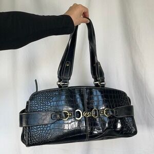 y2k black crocodile leather handbag with gold hardware